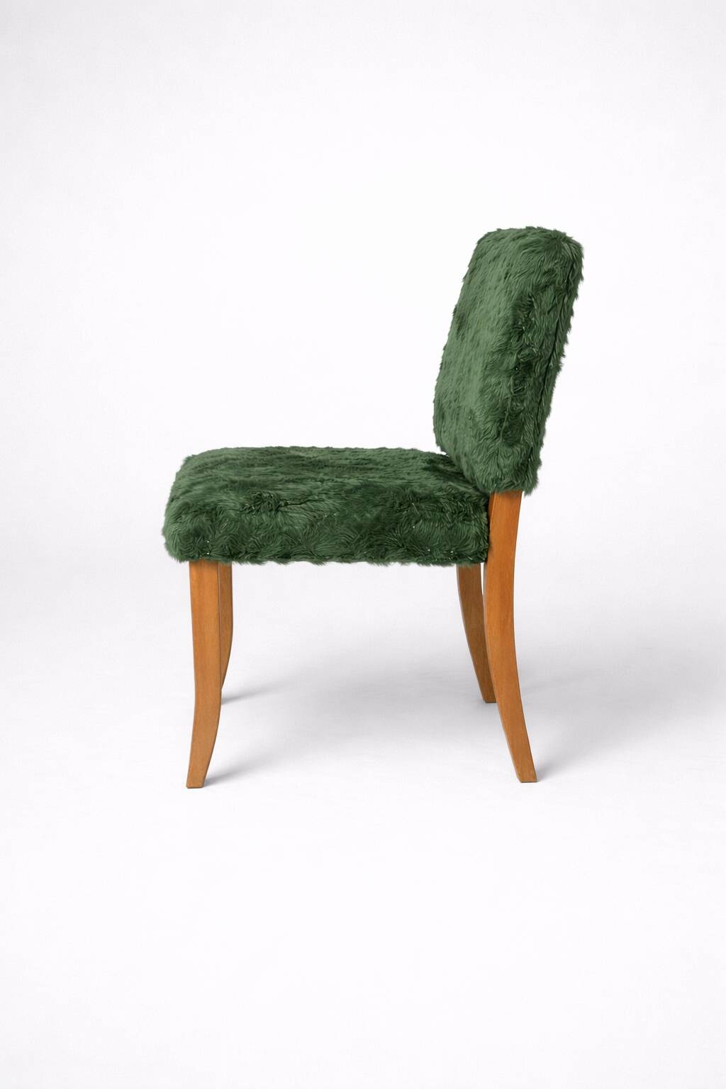 Pair of vintage wooden chairs with green fur effect upholstery – Year
