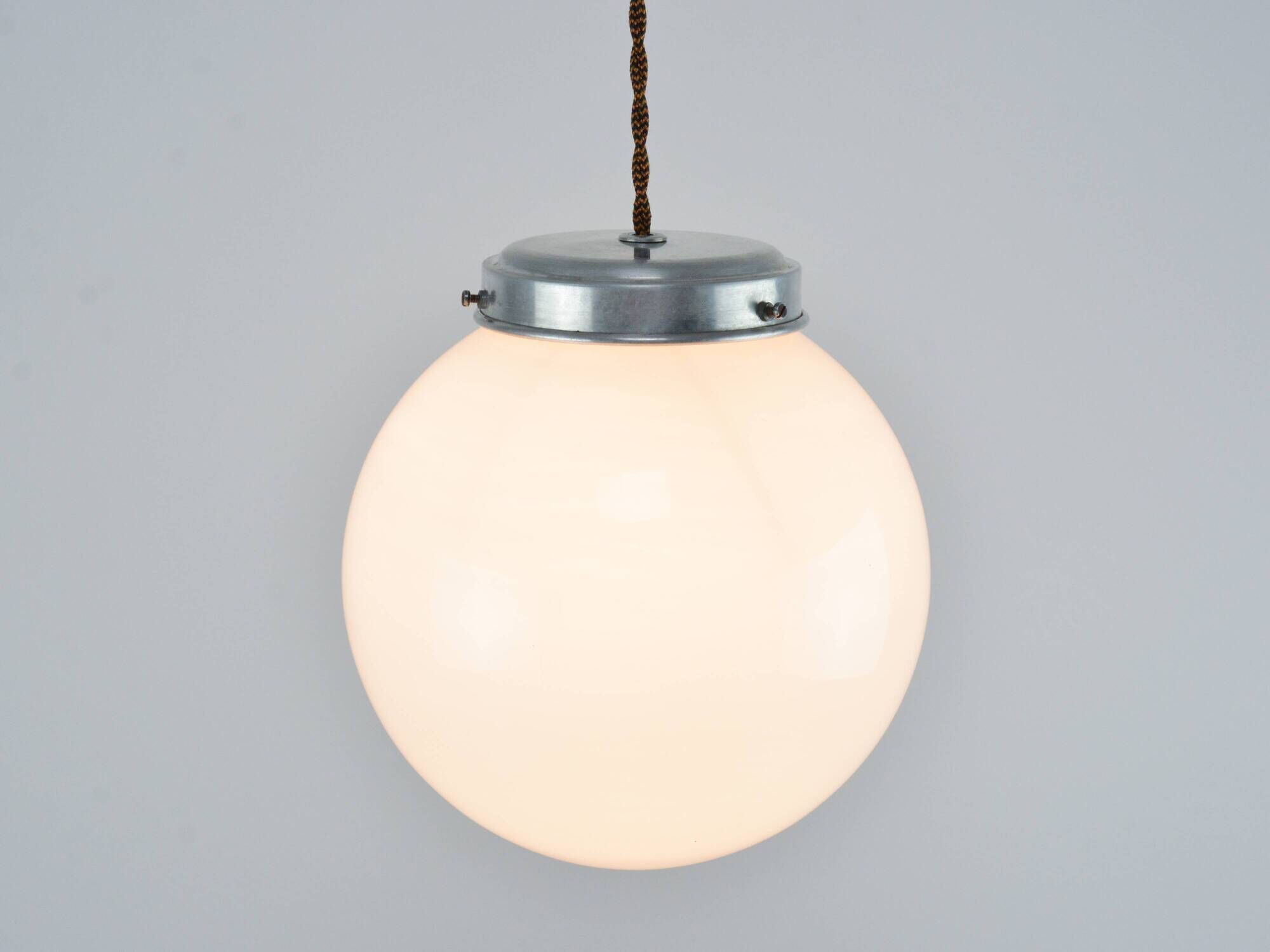 Small Mid-Century Italian Opaline & Metal Sphere Pendant Lamp