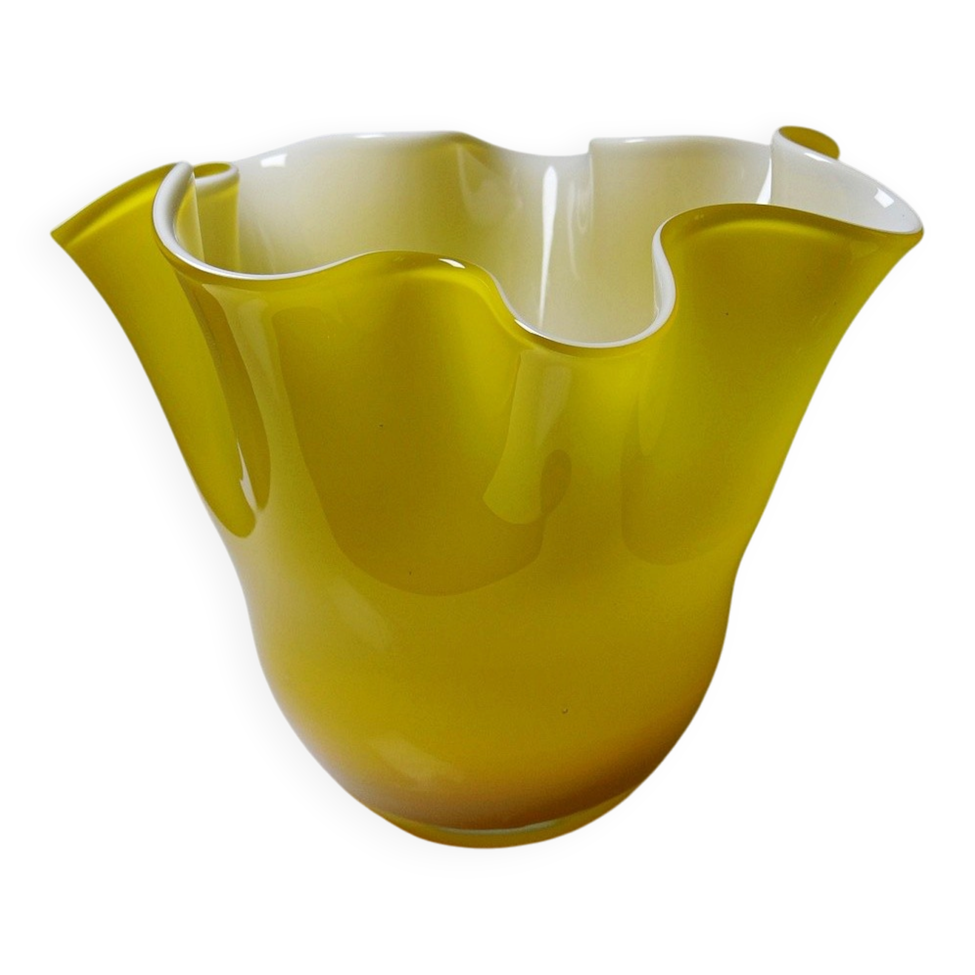 Fazzoletto vase in blown Italian glass, yellow opaline lined, Murano 1960-70.