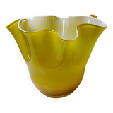 Fazzoletto vase in blown Italian glass, yellow opaline lined, Murano 1960-70.