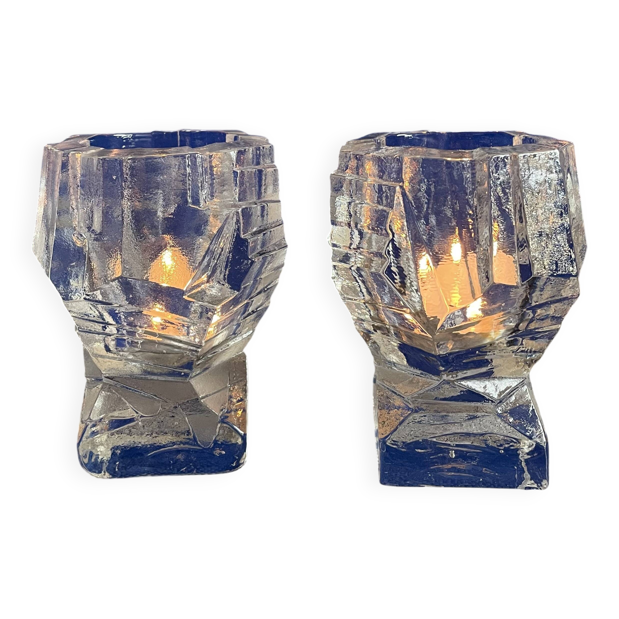 Set of 2 Swedish brutalist frosted glass candle holders.
