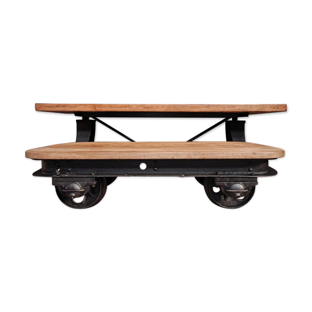 Table basse industrielle wagon industriel 1900 plateau chêne massif