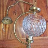Old pendant light, structured glass globe - gilded brass