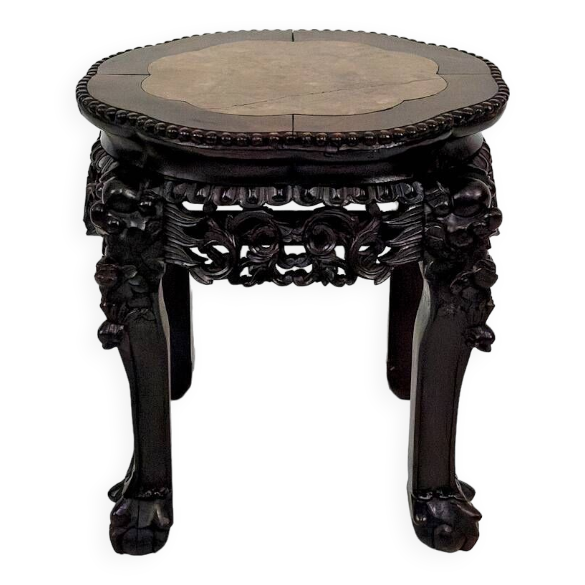 Asian wooden stand carved with Demons, marble top, Indochina, circa 1880