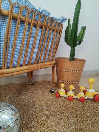 Rattan cradle set and raffia bassinet for dolls - vintage