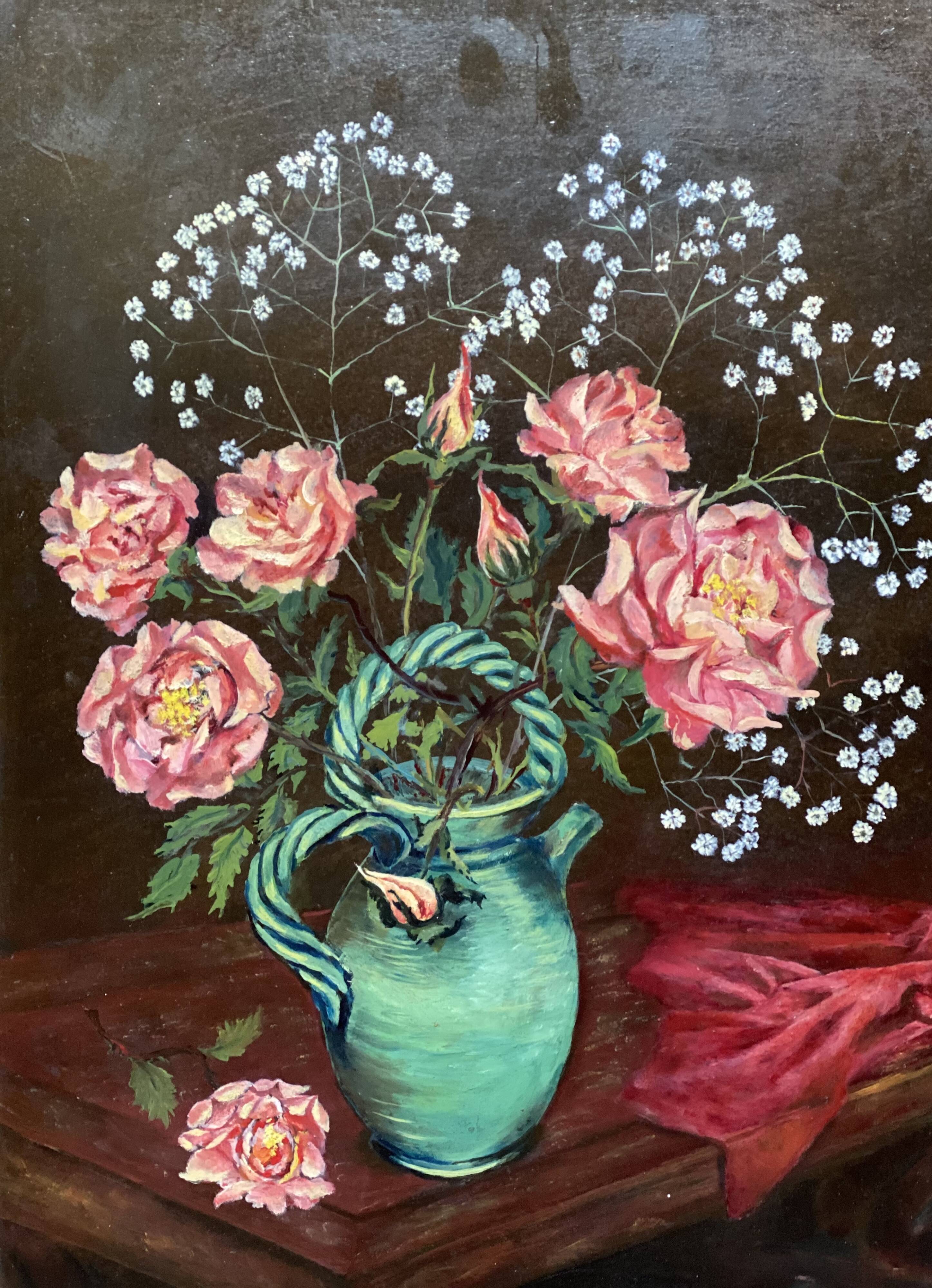 Antique still life painting signed, bouquet of roses in a jug Vallauris