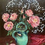 Tableau ancien nature morte signé, bouquet de roses en cruche Vallauris