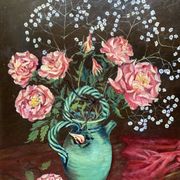 Antique still life painting signed, bouquet of roses in a jug Vallauris
