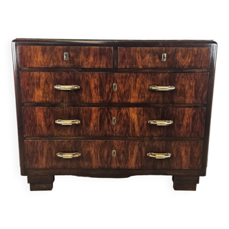 Art Decò chest of drawers with five drawers in walnut and mahogany with brass handles