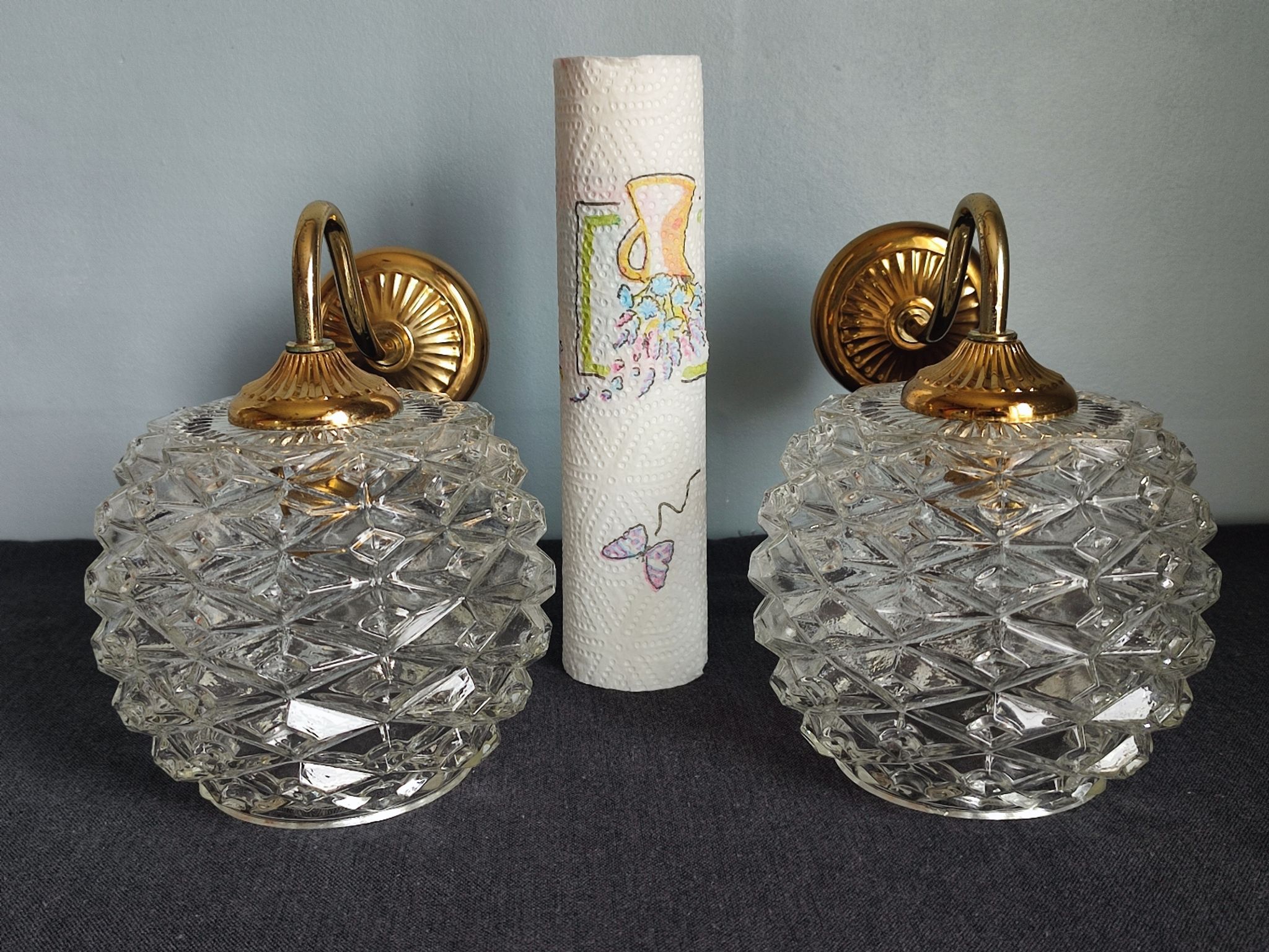 Pair of scones glass scones and vintage golden metal