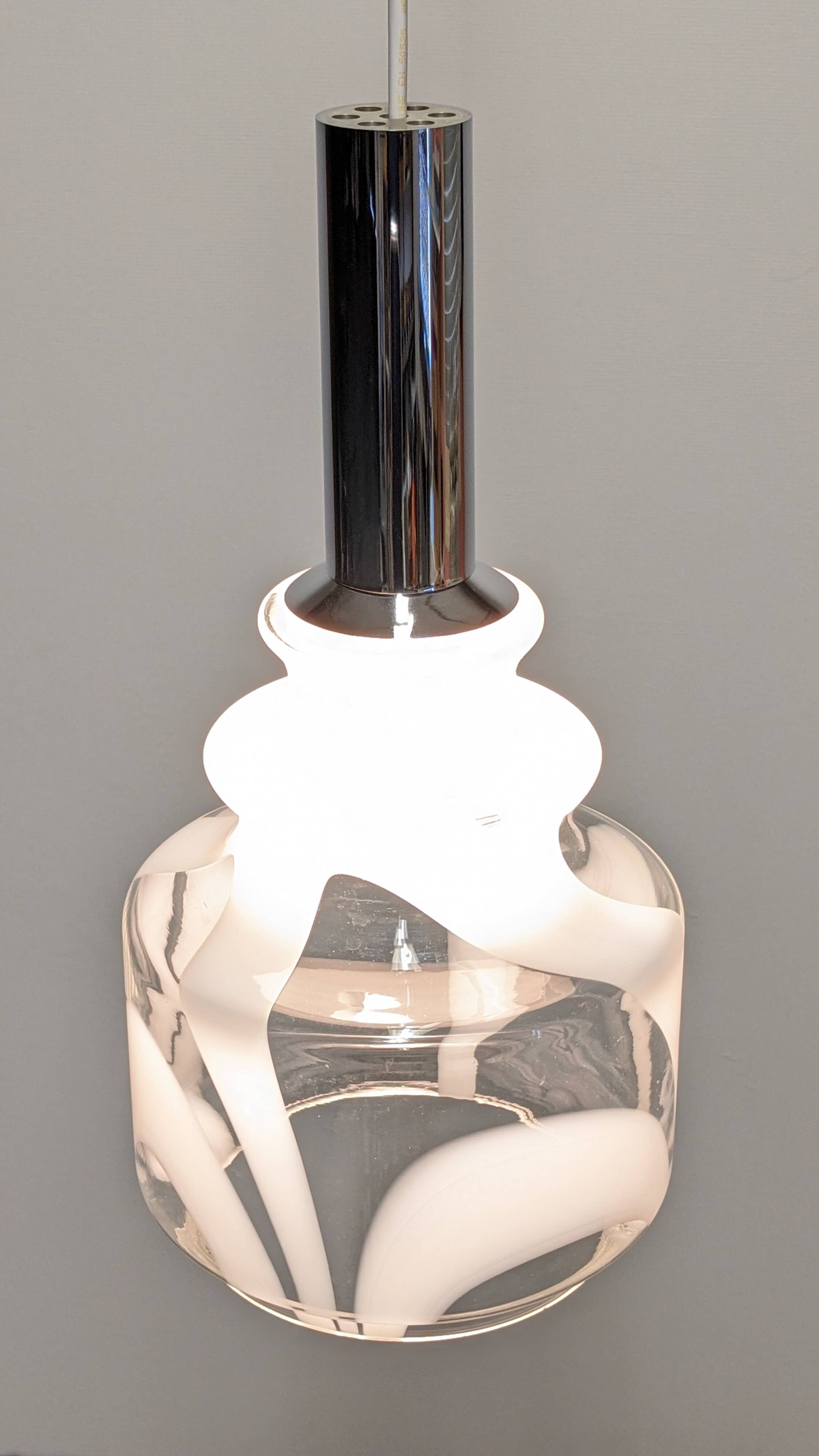 Murano white harlequin blown glass pendant light, Italy circa 1970