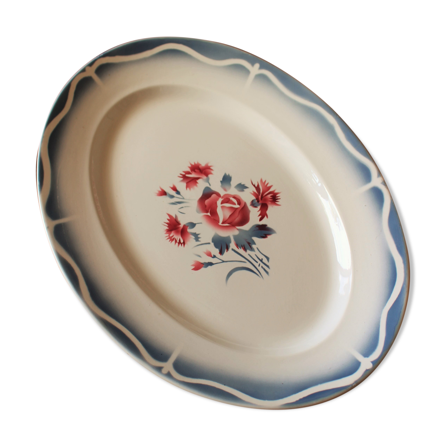 Plat ovale Nina Rosa Digoin Sarreguemines Art Deco rouge bleu Rose Oeillets