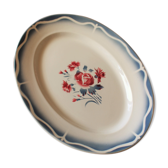 Oval dish Nina Rosa Digoin Sarreguemines Art Deco red blue Rose Carnations