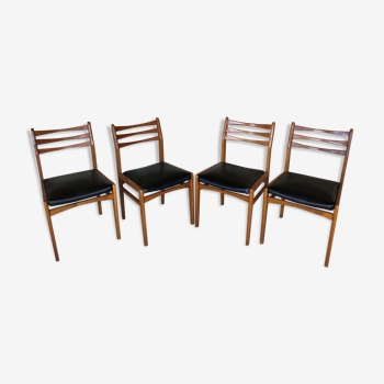 Ensemble de 4 chaises scandinave en teck blond et skaï noir années 60