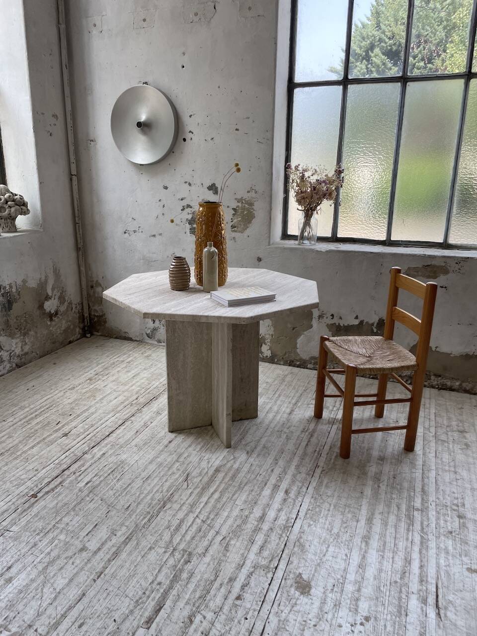 Octagonal travertine coffee table