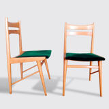 Beech wood and green velvet pair of chairs from 60s