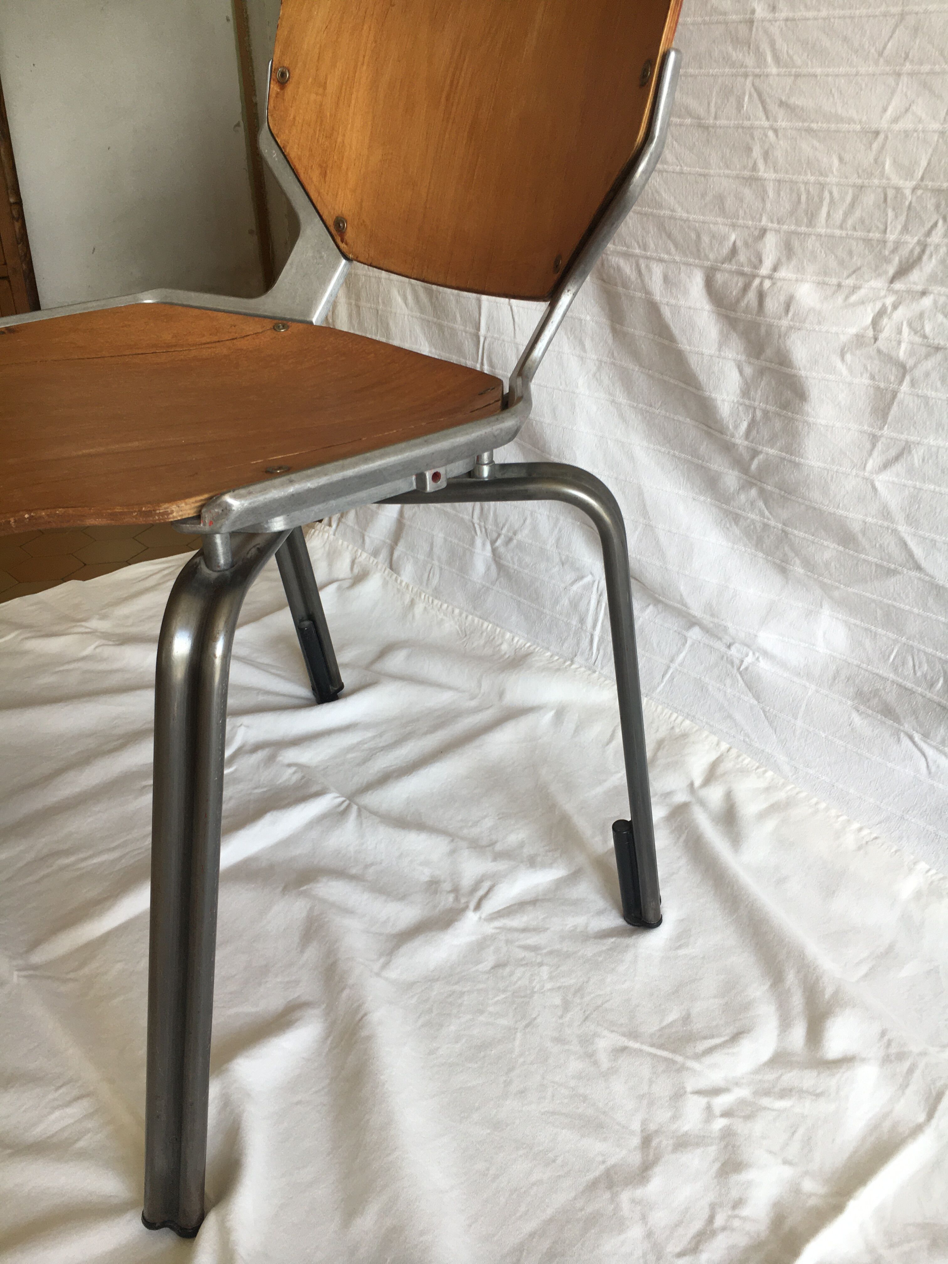 industrial chairs in brushed aluminum and wood year 80