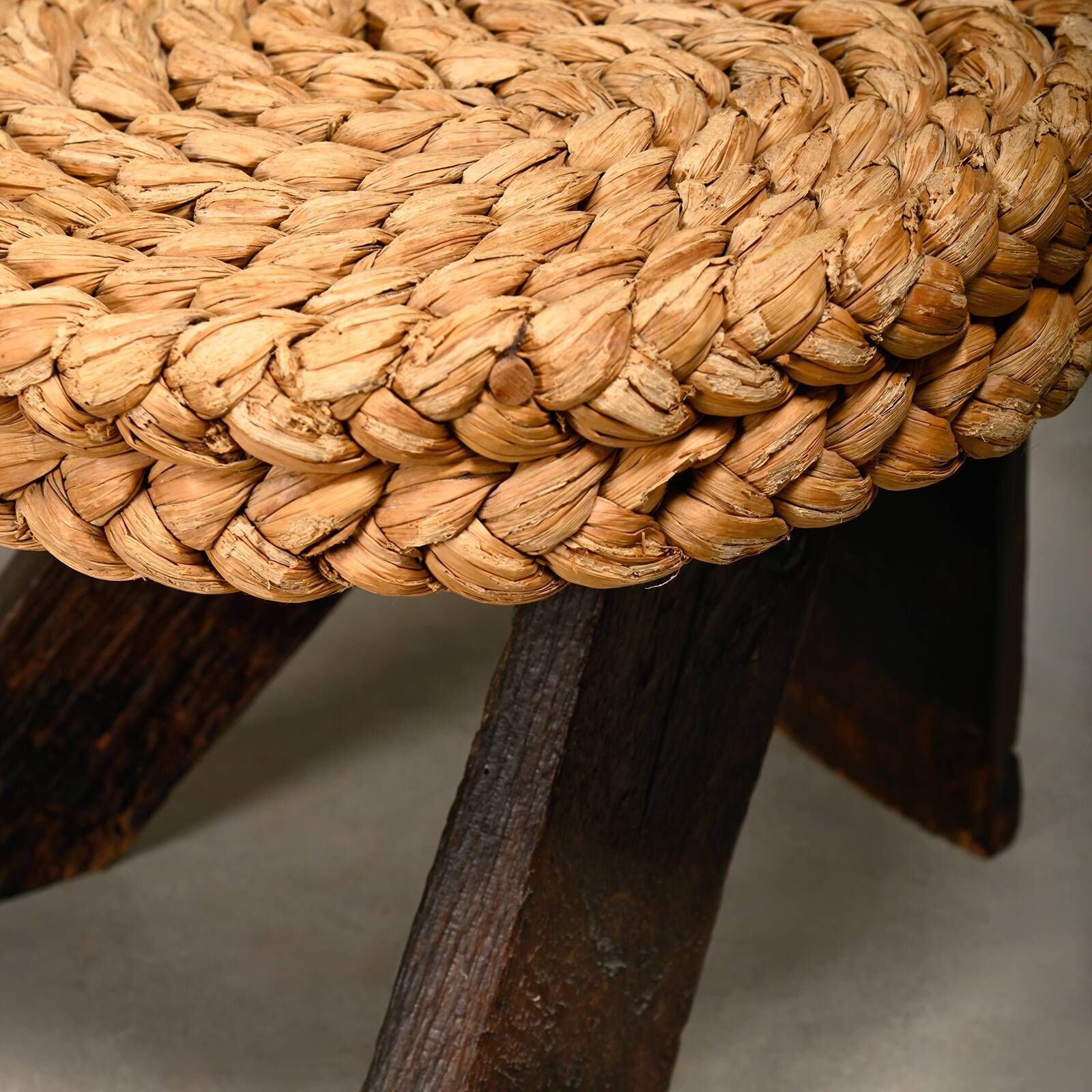 Fireplace Stool in Oak and Straw, France 1950s