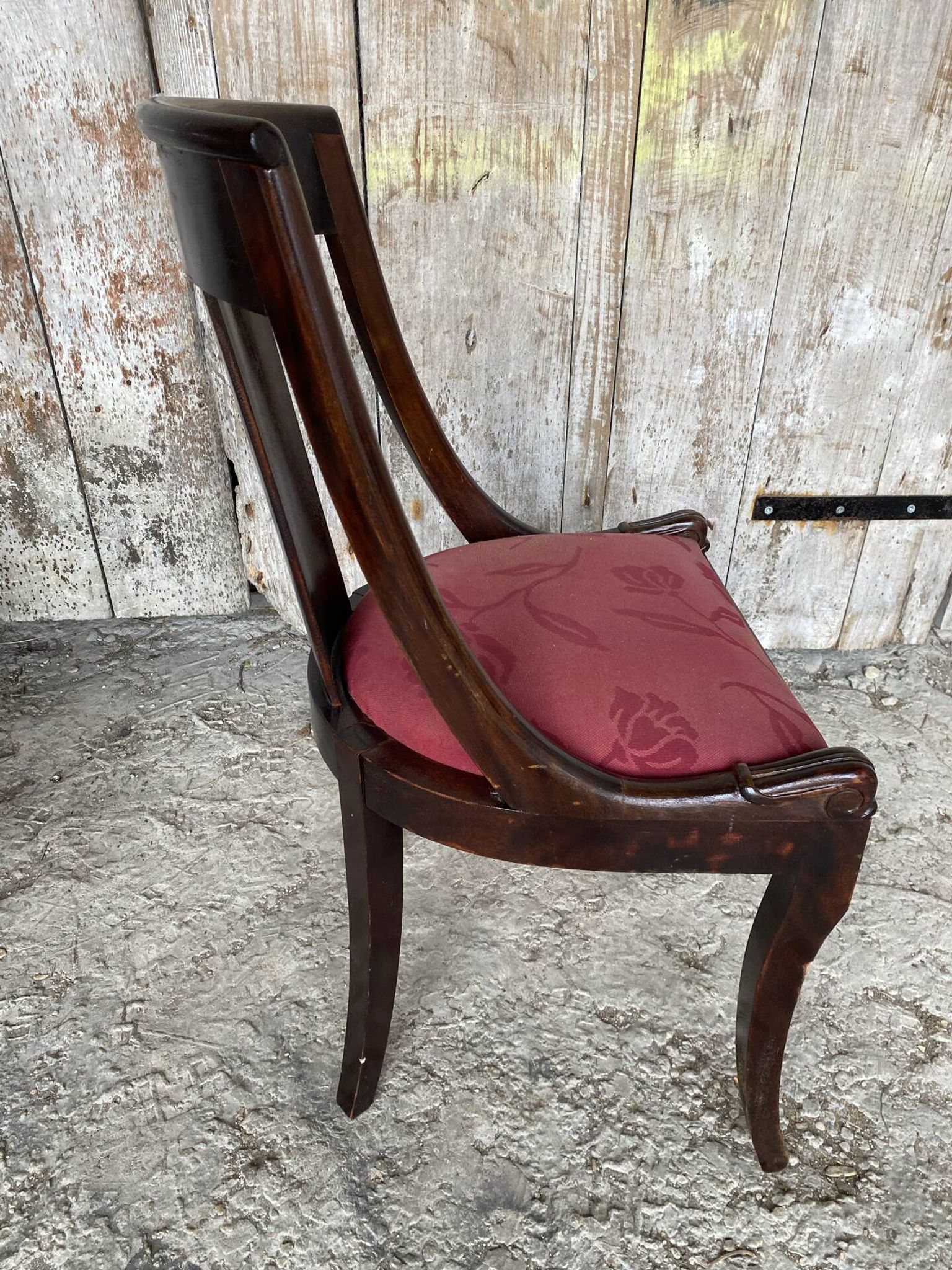 Antique Gondola Chair Empire Style Wood + Red Floral Vintage Fabric