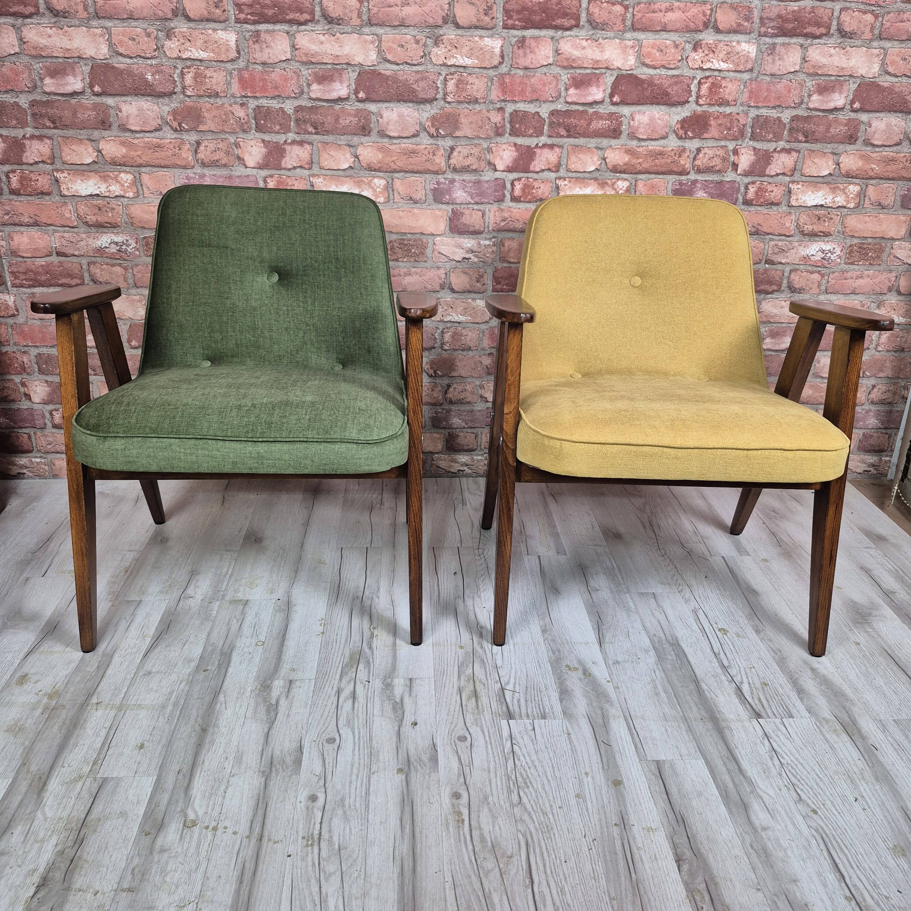 Fauteuil de milieu de siècle restauré type 366 par j. chierowski - jaune années 1960