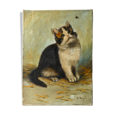 Huile sur toile "le chat et la mouche", années 40