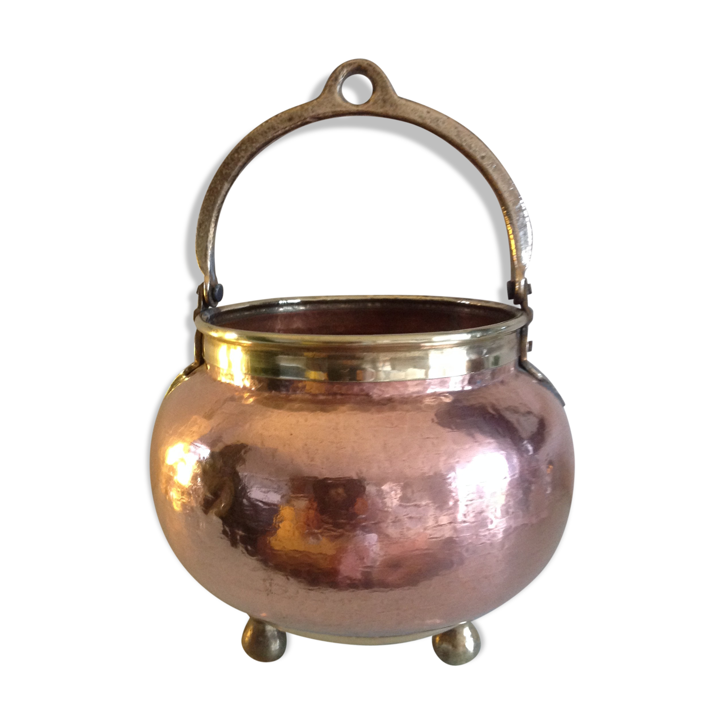 Cache pot pot cauldron in hammered red copper / vintage 60s-70s