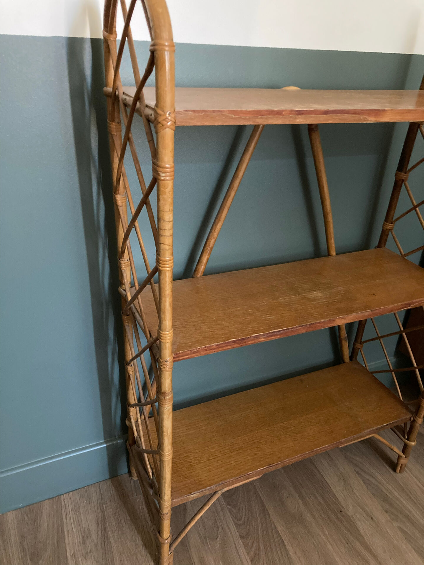 Vintage rattan shelf, library by Louis Sognot