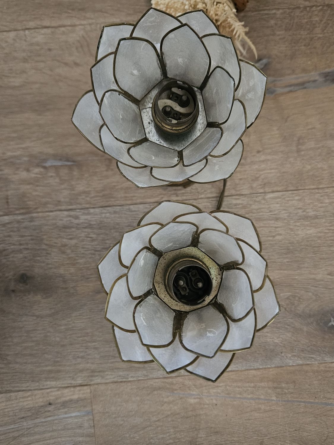 Pair of brass and mother-of-pearl lotus bedside lamps
