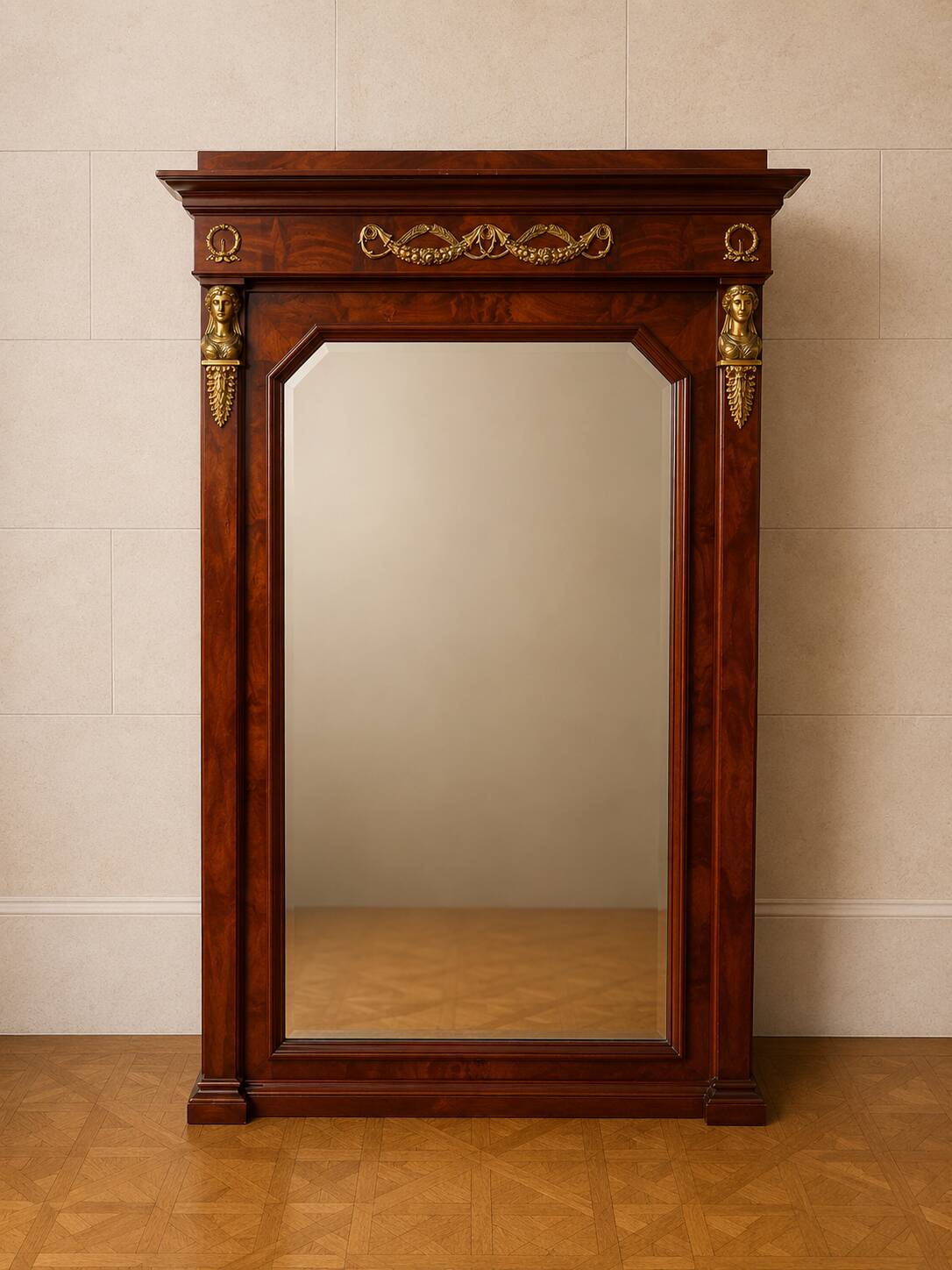 Large Empire-style mahogany mirror – Mercury-gilded bronzes –