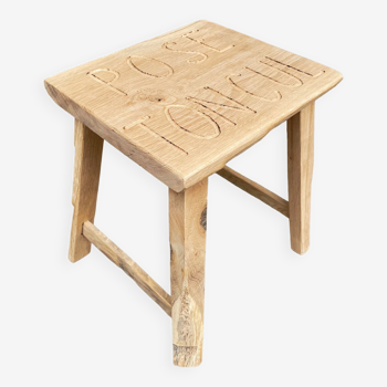 Solid oak wooden stool with inscription