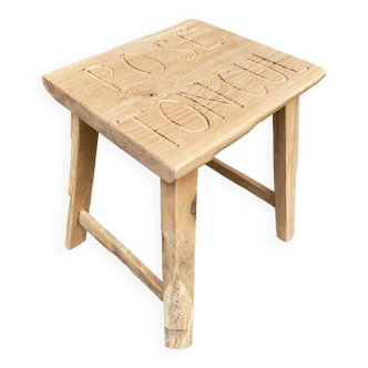 Solid oak wooden stool with inscription