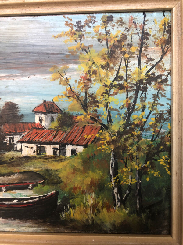 Tableau Huile Sur Panneau M. NIAVEL Vue Maison Bord Rivière + Cadre Doré #A214