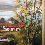 Tableau Huile Sur Panneau M. NIAVEL Vue Maison Bord Rivière + Cadre Doré #A214
