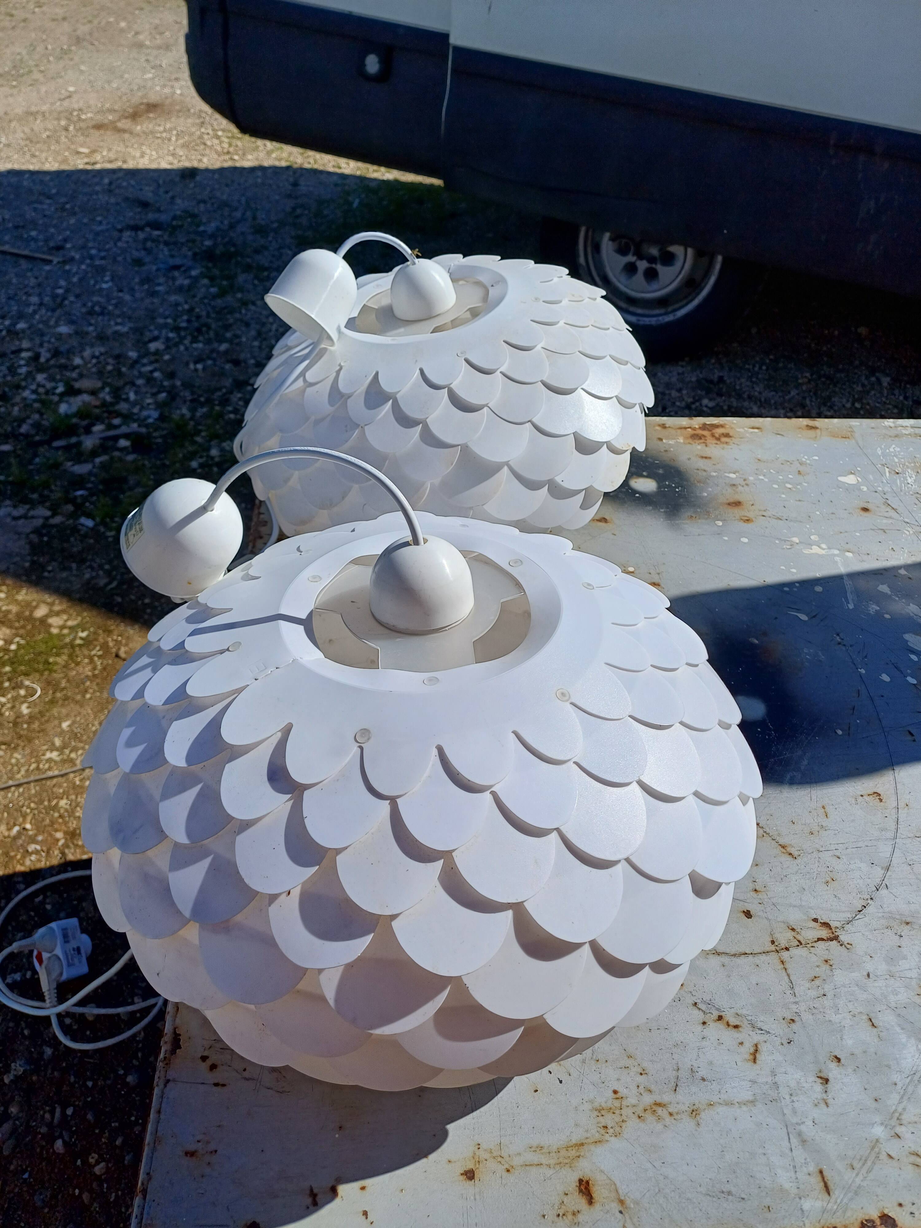 Pair of vintage white plastic pendant lights