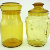 2 amber yellow glass jars - apothecary style pots - vintage 70s