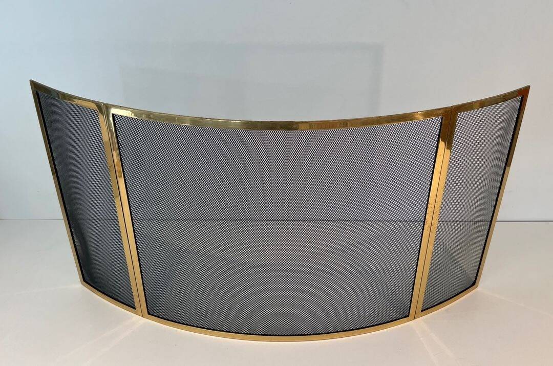 Curved Three-Panel Fire Screen in Polished Brass and Black Grille, in Style of
