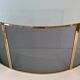 Curved Three-Panel Fire Screen in Polished Brass and Black Grille, in Style of