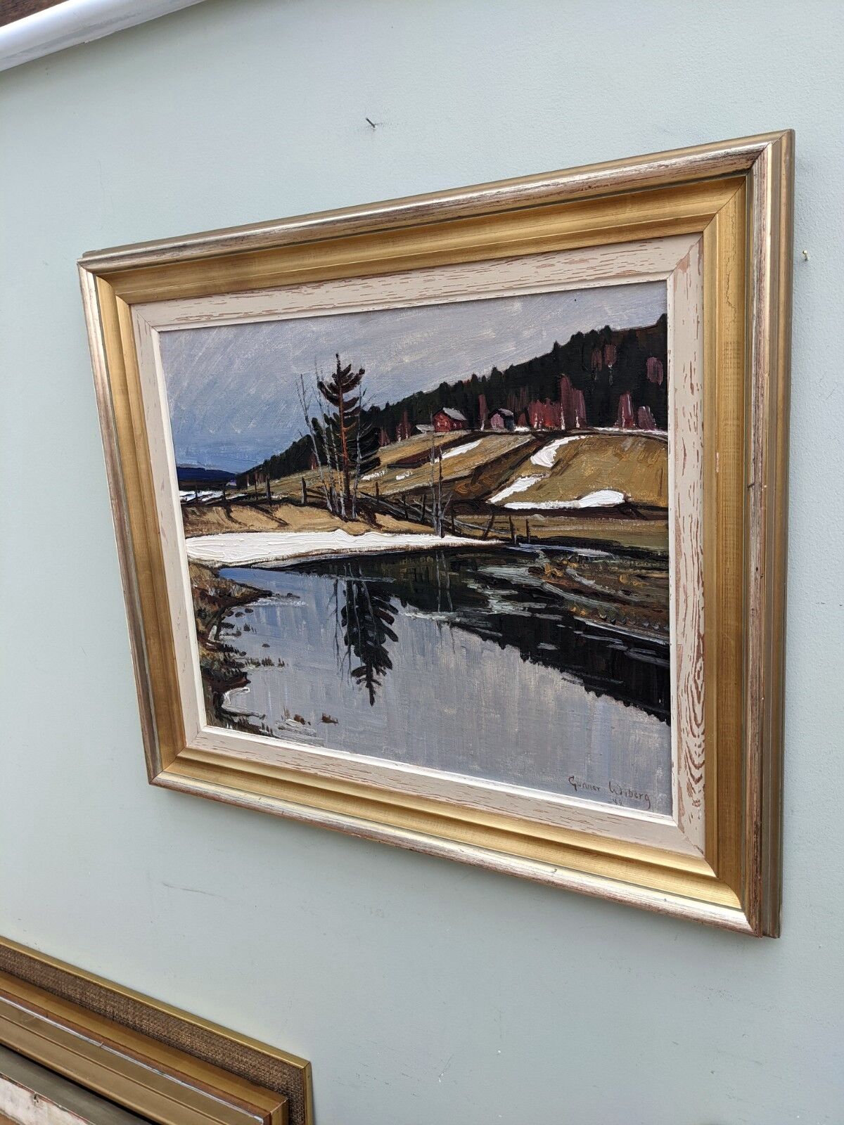 1948 Mid-Century Modern Swedish "Still" Vintage Landscape Oil Painting, Framed