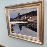 1948 Mid-Century Modern Swedish "Still" Vintage Landscape Oil Painting, Framed