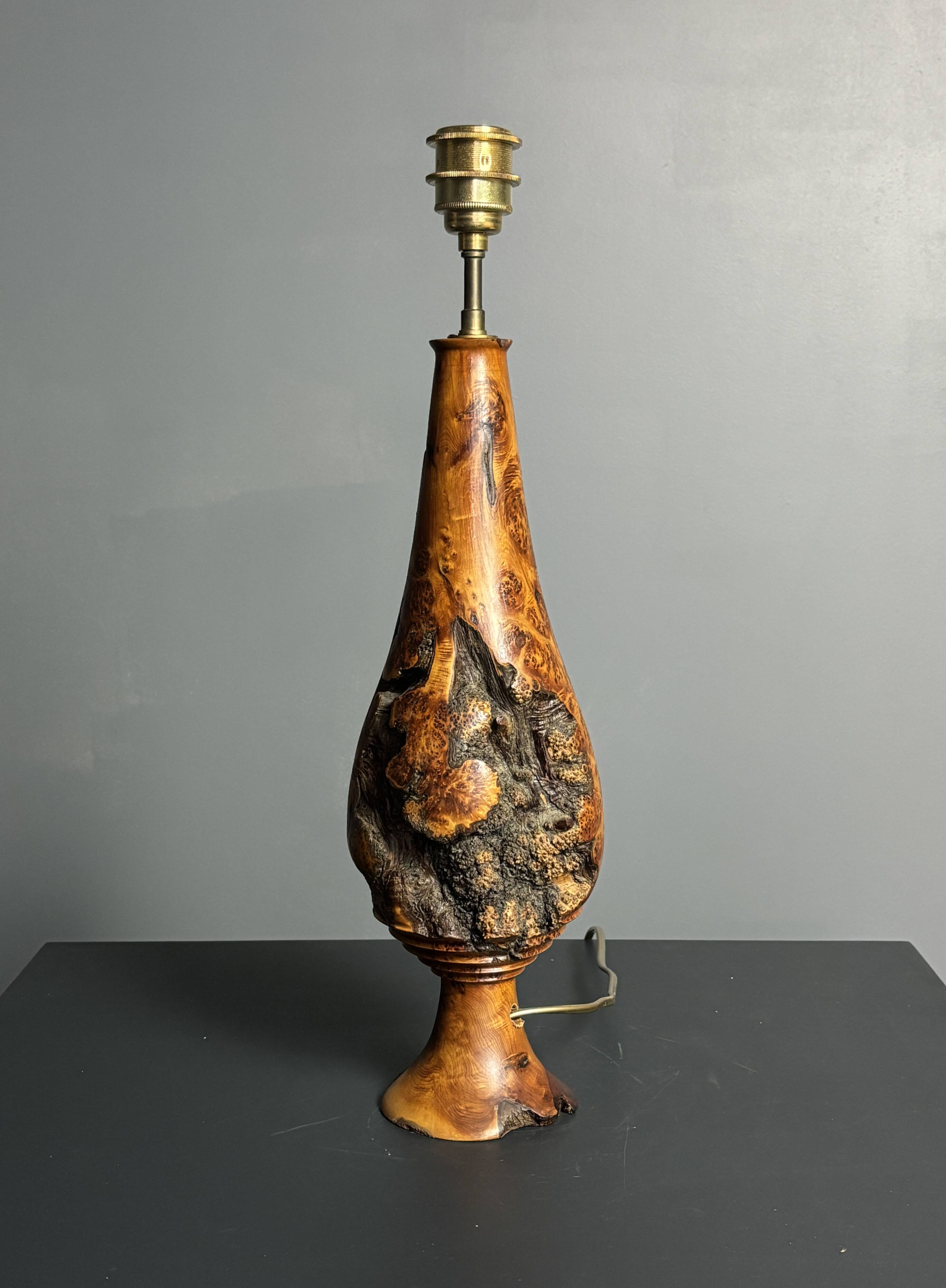 Sculptural artisanal brutalist midcentury burl wood turned table lamp 1960s