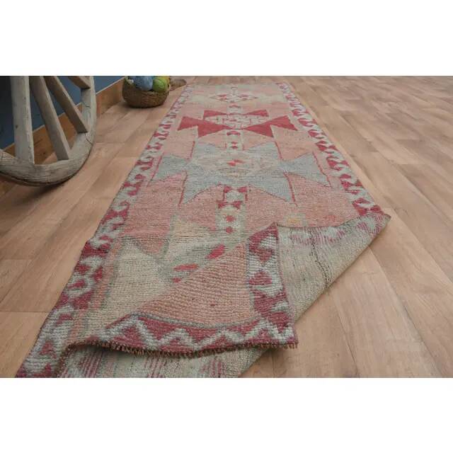 1970s Vintage Turkish Handmade Wool & Cotton Pink Runner Rug 100X349