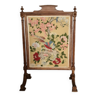 Ancien pare feu de cheminée écran de foyer chêne et tissu motif oiseau fleurs