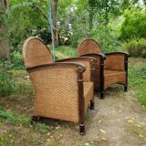 Paire de fauteuils en bois et rotin 1980