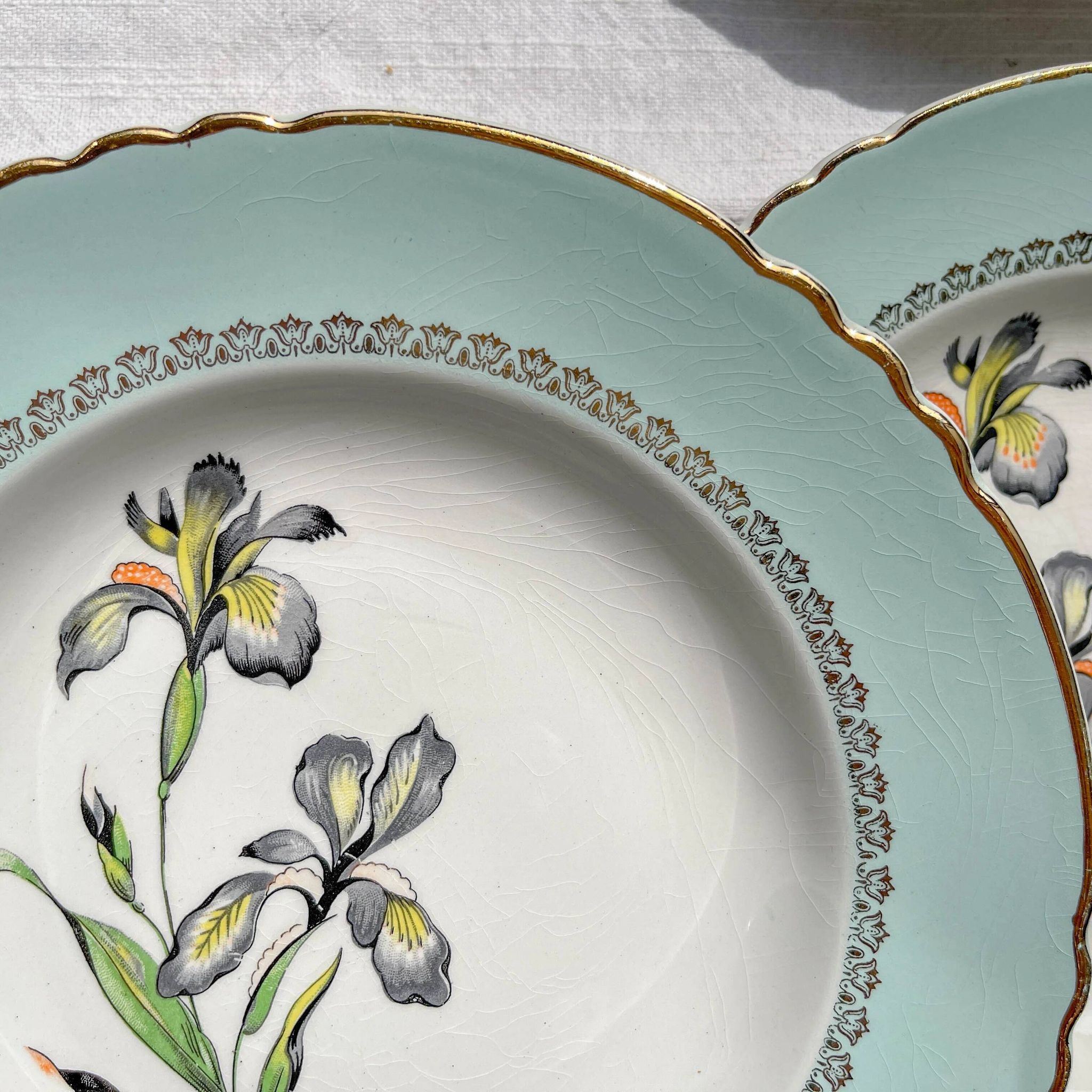 6 vintage white and green porcelain soup plates Iris Moulin des Loups "Sargosse" 1950s
