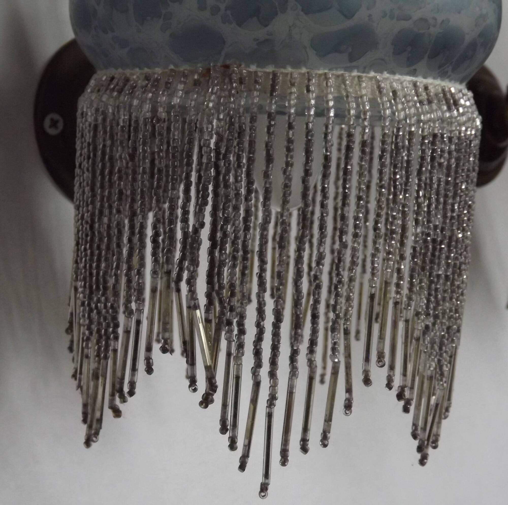 Pair French Vintage Mottled Glass Single Wall Lights Beaded Fringed Shade
