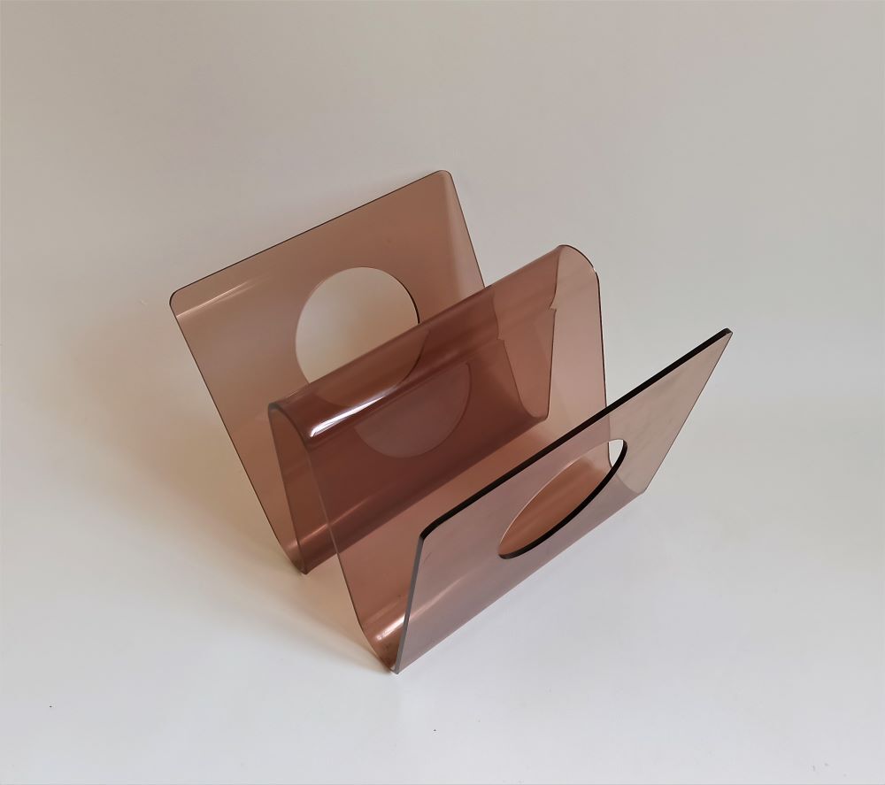 Smoked plexiglas magazine holder 70s