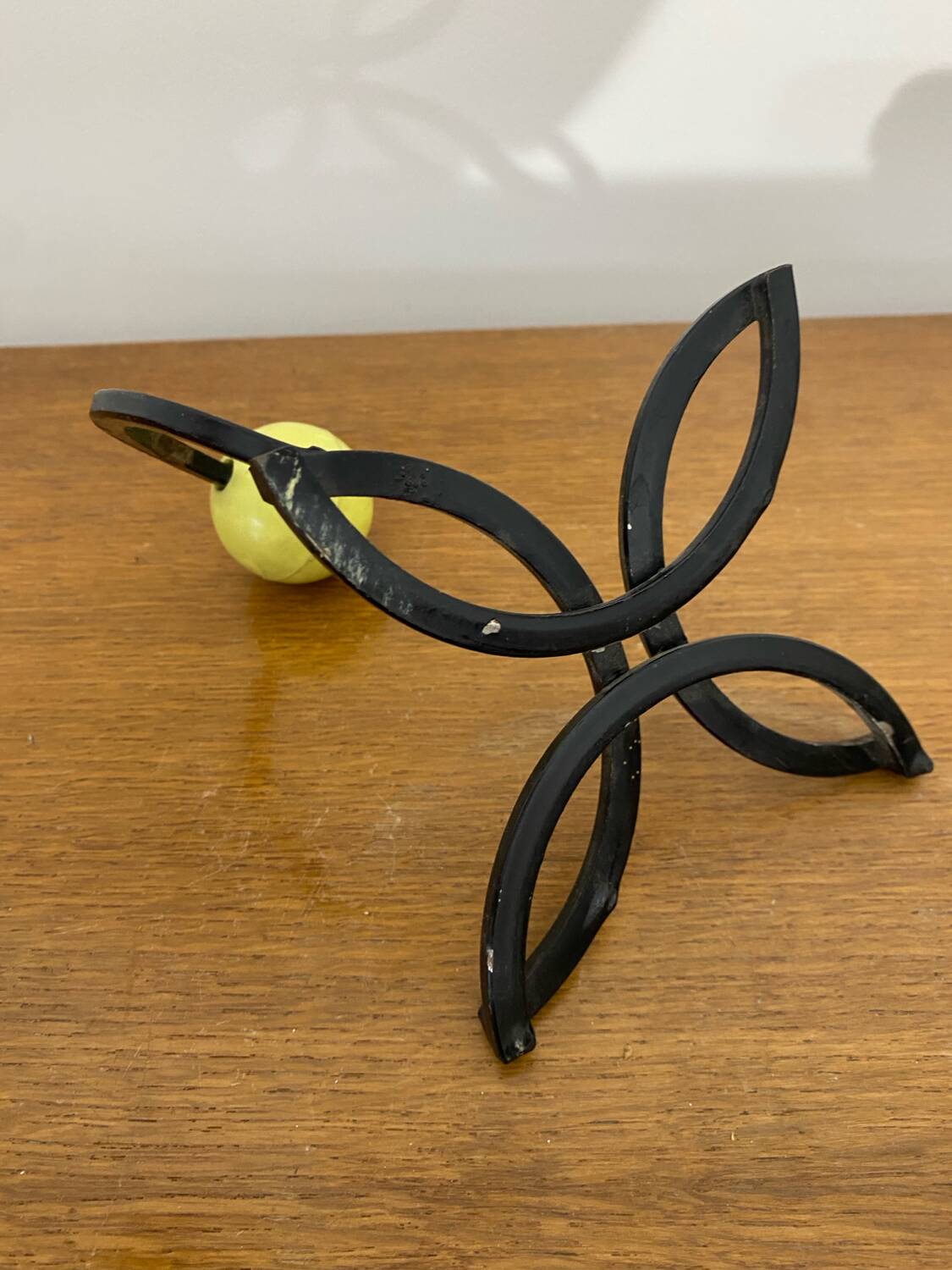 Old Black Wrought Iron Wall Hook + Yellow Plastic Ball 70's Vintage