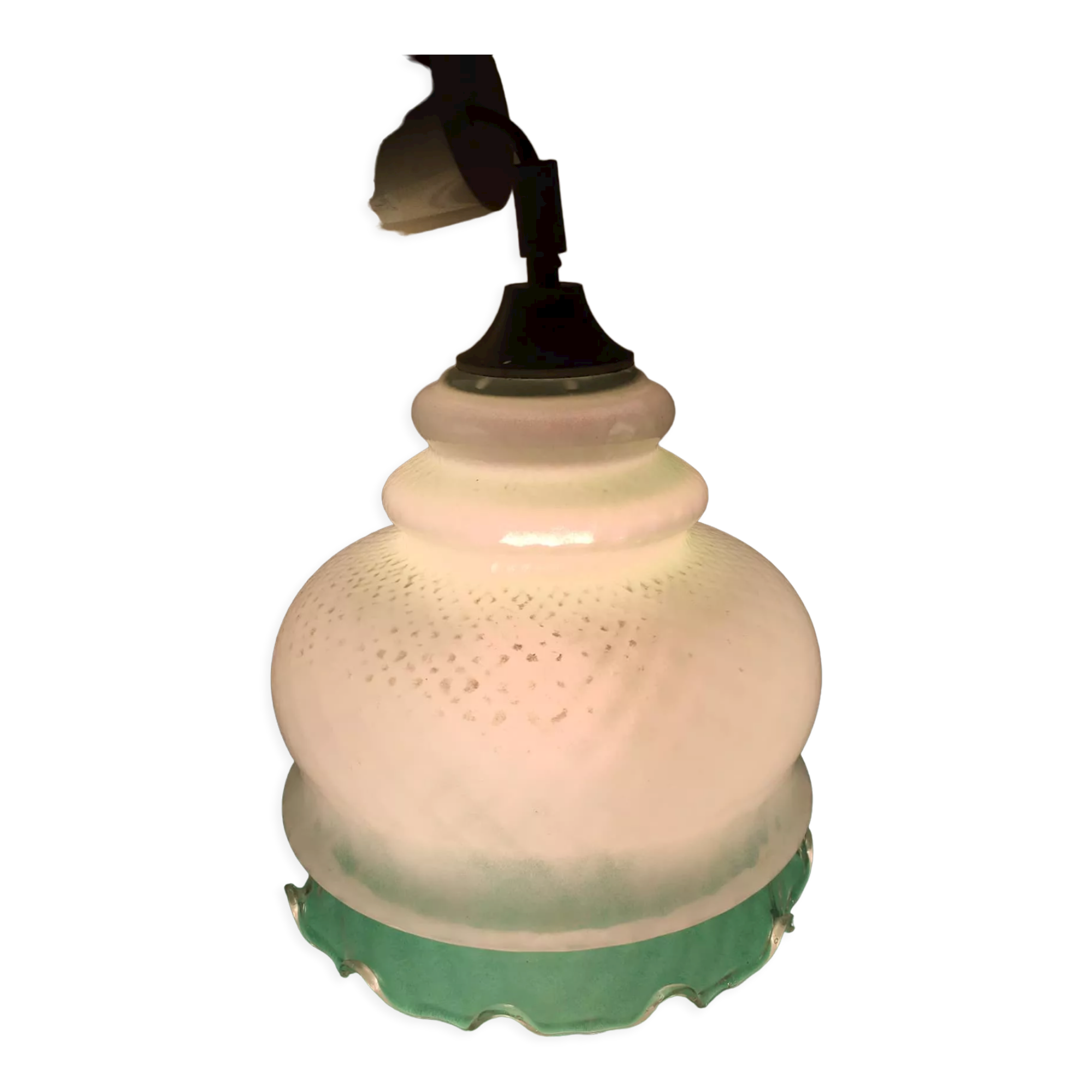 Suspension in pale green opaque glass with grid patterns. Hemmed edge