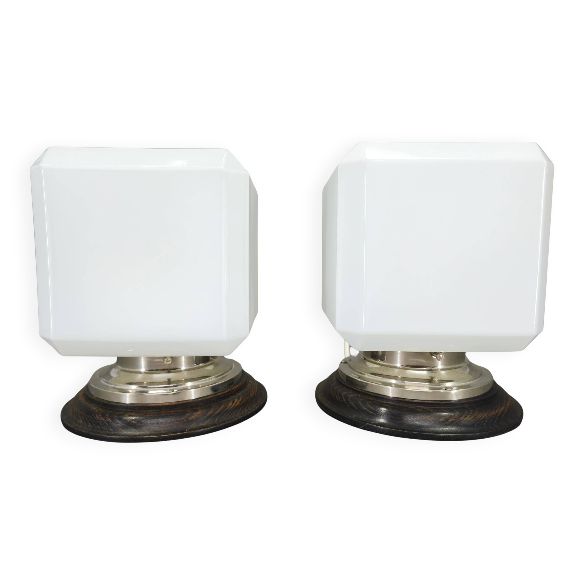 Pair of Art Deco Nickel Wall Lights with Milky Glass, 1930s