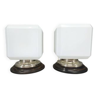 Pair of Art Deco Nickel Wall Lights with Milky Glass, 1930s
